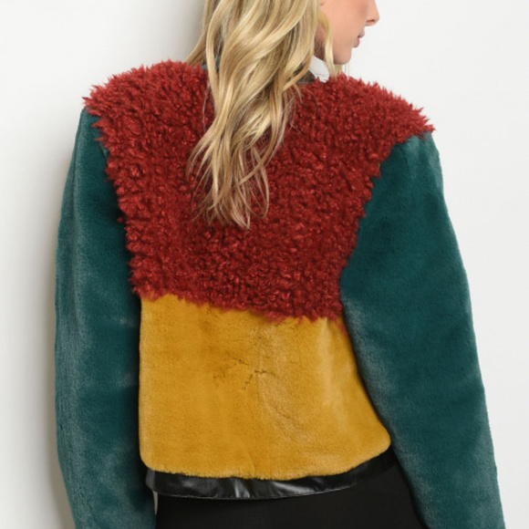 COLOR BLOCK FAUX FUR COAT RED, GREEN YELLOW - Picture 3 of 4